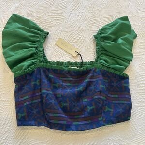 Rachel Zoe Bandeau Linen Blend Ruffle Sleeve Crop Top Green ,Blue Size Large